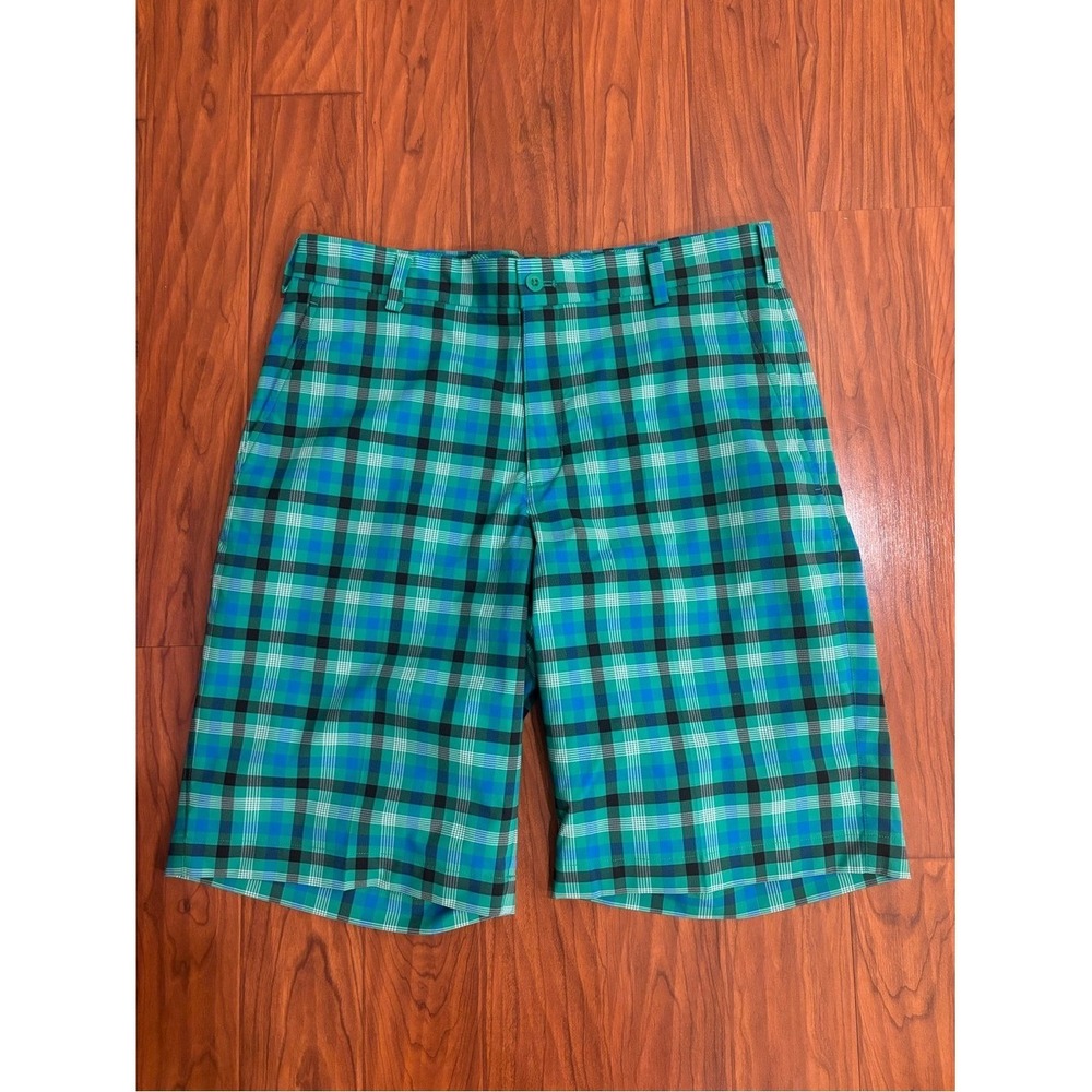 Nike Golf Green Blue Plaid Dri-Fit Performance Shorts Mens 32